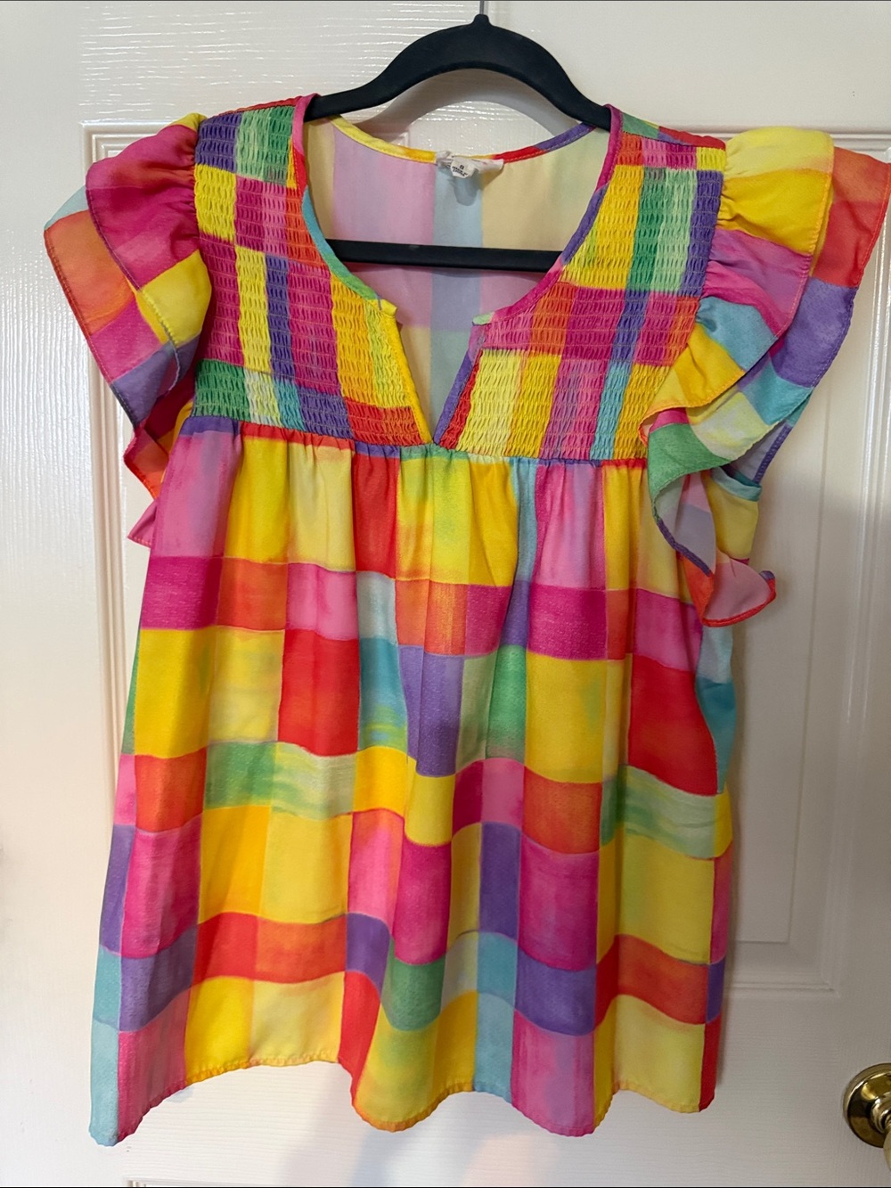 Women’s Rainbow Check Smocked Flutter Sleeve Top - Multicolor